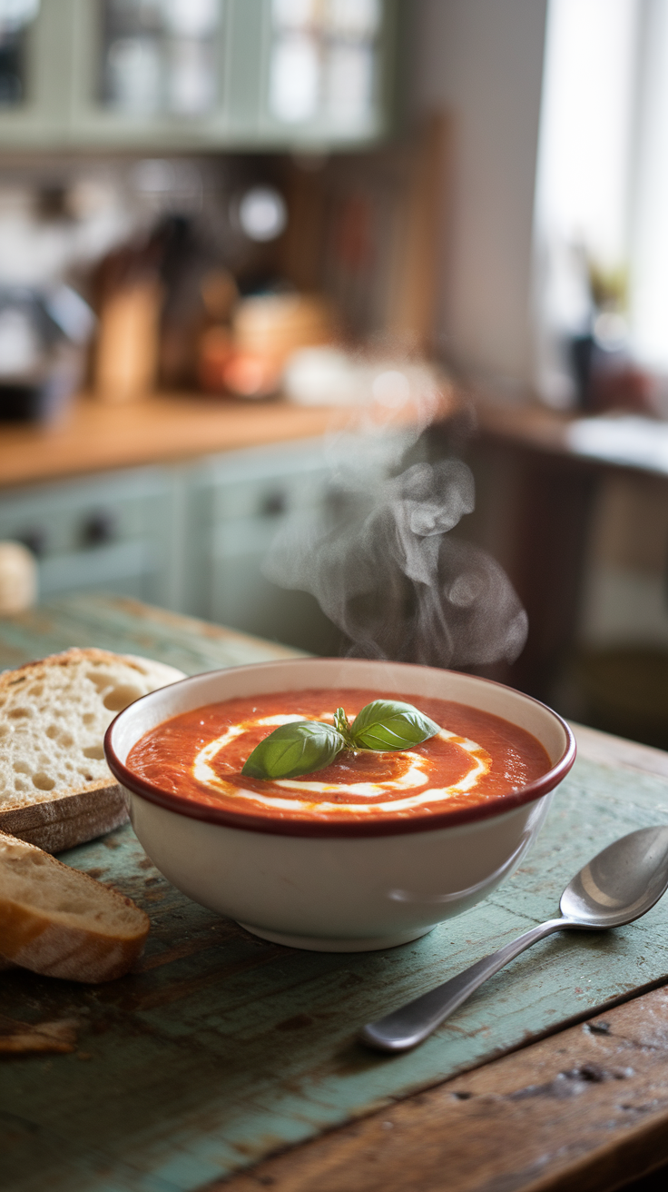 A bowl of creamy tomato basil soup topped with fresh basil leaves