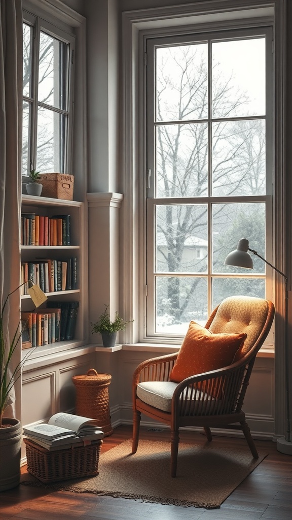 A cozy reading nook with a comfortable chair, bookshelf, and warm lighting by a window.