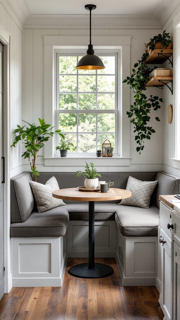 Cozy kitchen dining nook with gray cushions, round wooden table, and plants by the window.