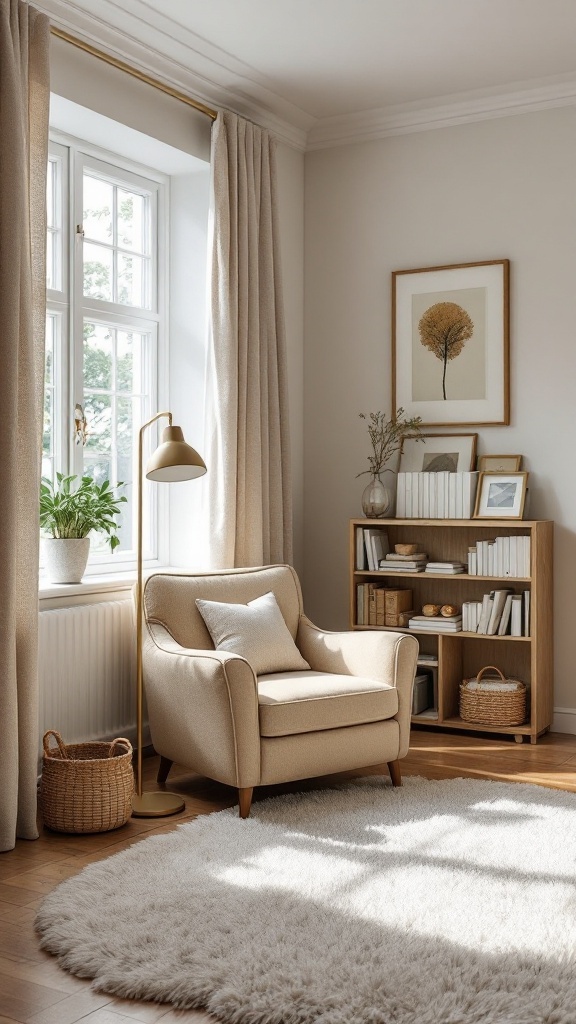 Cozy reading nook with a beige armchair, fluffy rug, floor lamp, and bookshelf