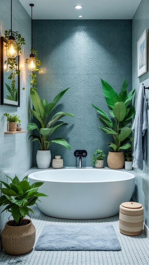 A serene bathroom with a freestanding tub, plants, and soft lighting