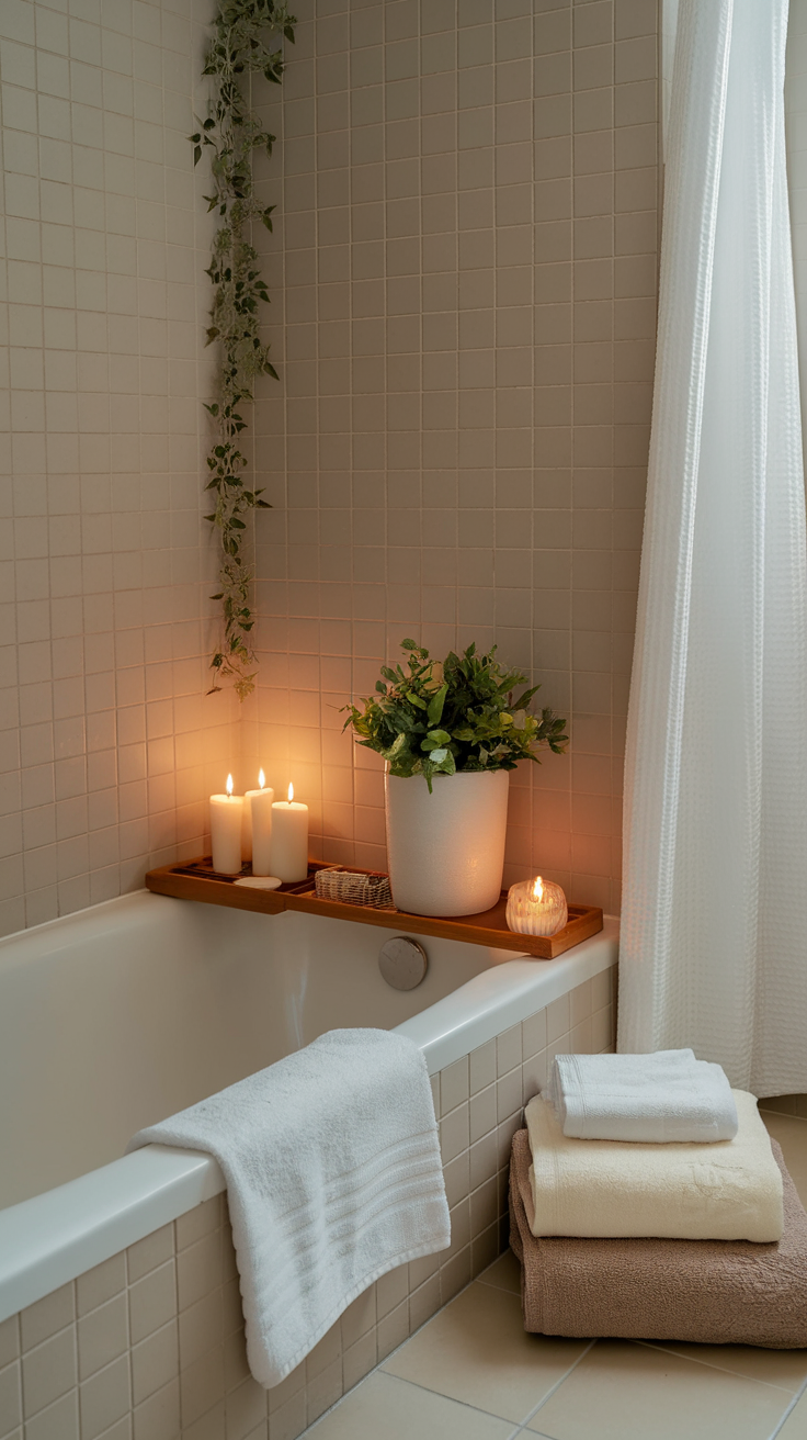 A cozy bathroom setup with candles, plants, and neatly stacked towels.