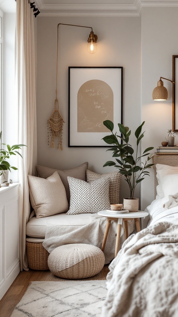 Cozy bedroom nook with cushions, pillows, and plants
