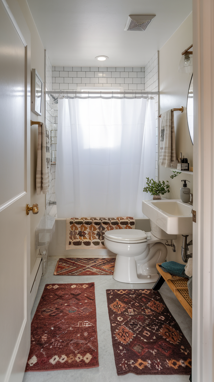 A stylish bathroom featuring colorful rugs that define different zones.