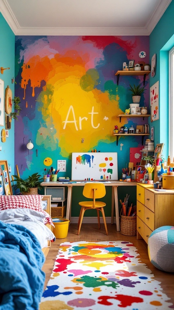 A colorful boys' bedroom featuring an art studio with a vibrant mural, a desk with art supplies, and a playful rug.