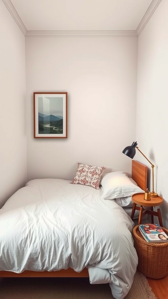 Cozy bedroom with bed in a corner, light bedding, and a nightstand