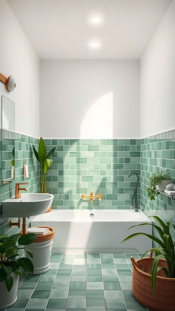 A green-tiled bathroom featuring a bathtub, plants, and gold fixtures.