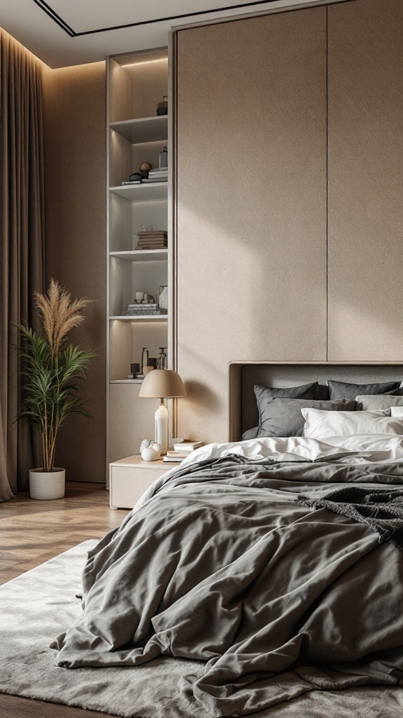 A small bedroom featuring a modern headboard with built-in shelving, a cozy bed, and a plant.