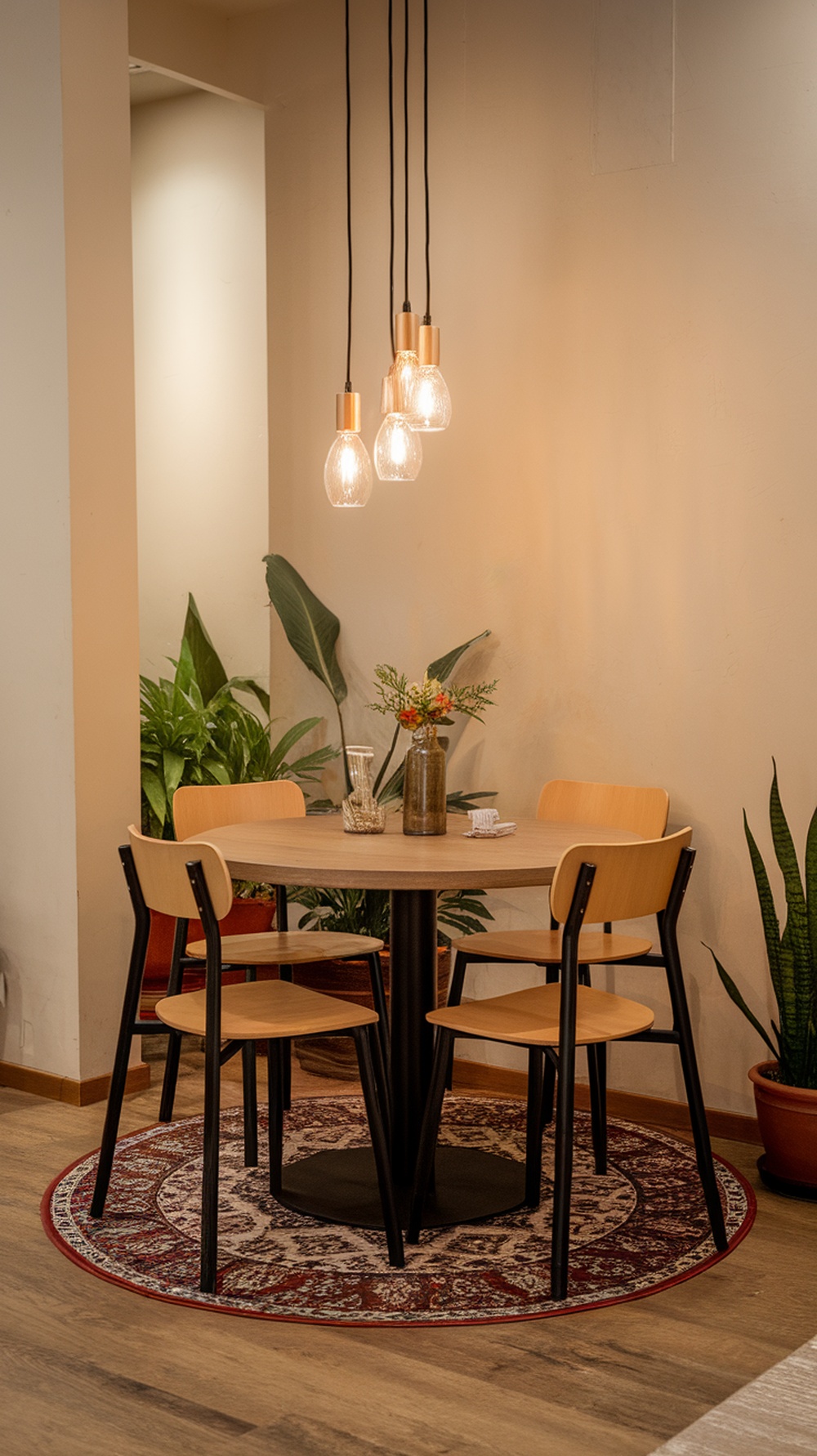 A small dining room with pendant lights, a round table, and plants.