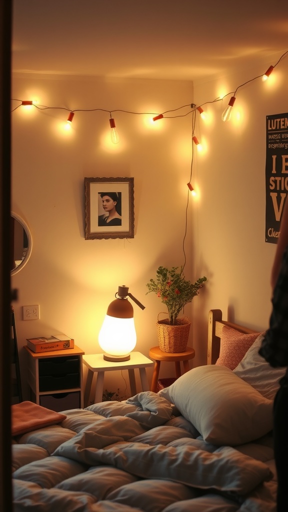 A cozy bedroom with warm string lights and a soft lamp, creating a welcoming atmosphere.