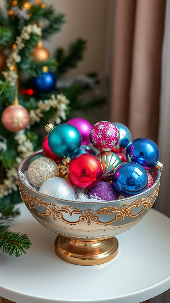 A decorative bowl filled with colorful Christmas ornaments next to a tree.