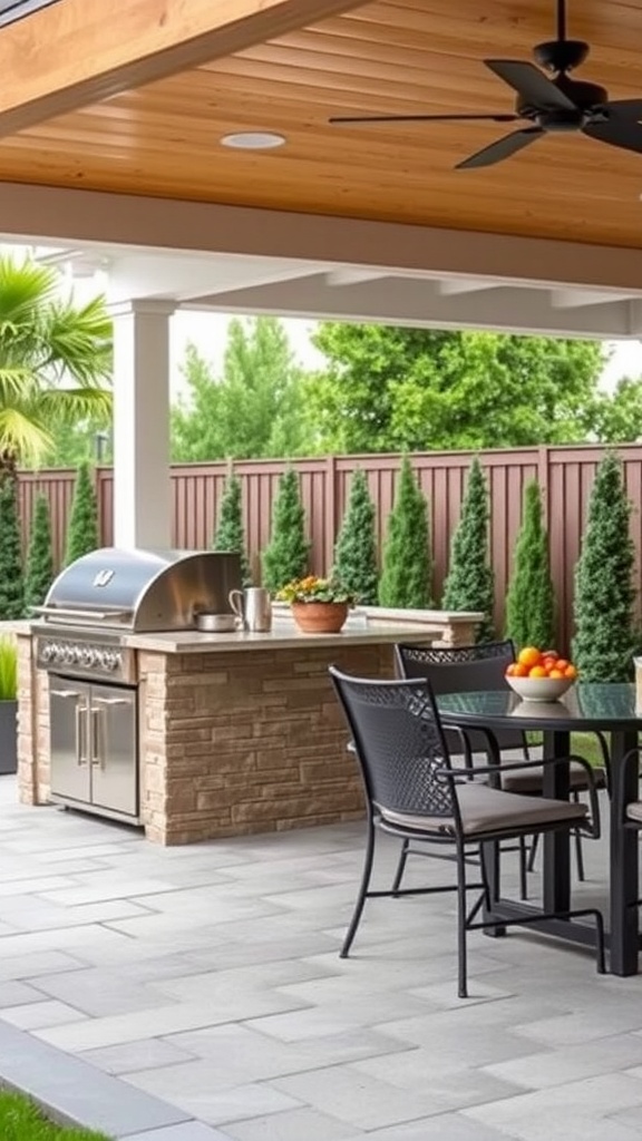 Stylish outdoor kitchen with a grill, dining table, and greenery in a backyard.