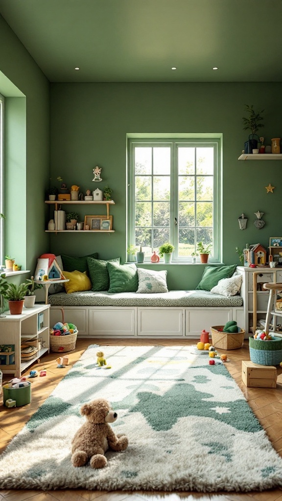 A cozy playroom featuring green accents, a window with natural light, and playful decor.