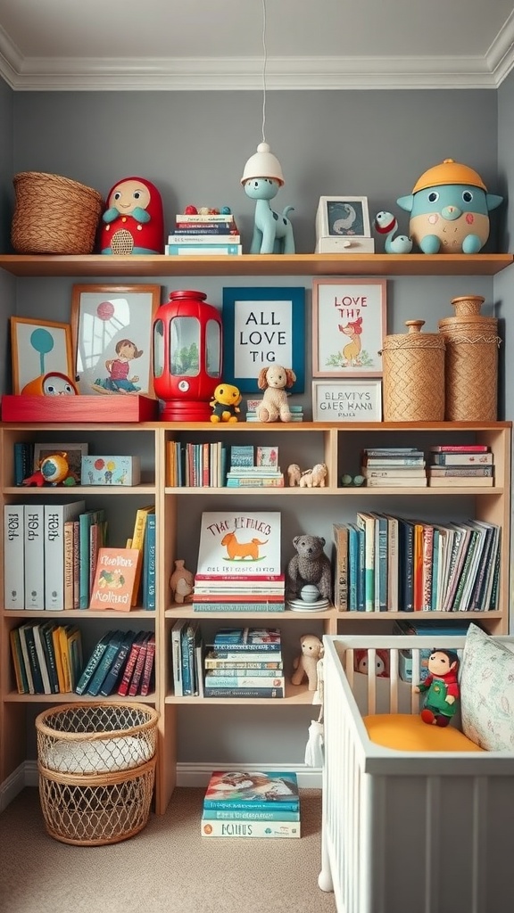 A colorful nursery shelving unit filled with toys, books, and decorative items.