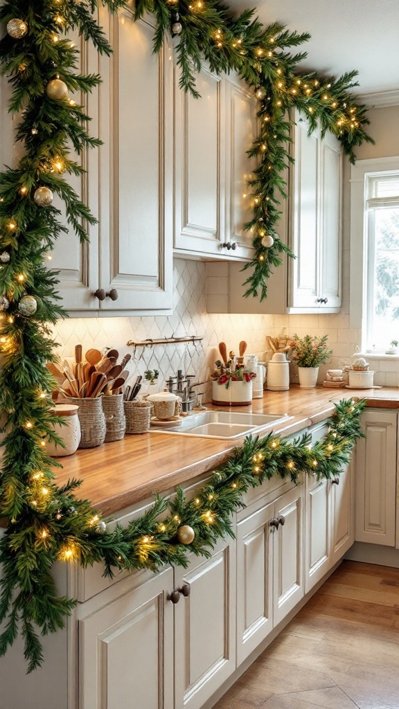 A cozy kitchen decorated with garlands and lights for the holiday season.