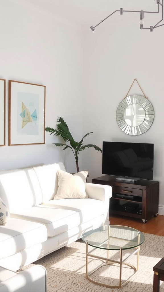 A bright small living room featuring a white sofa, a glass coffee table, and a round mirror on the wall.