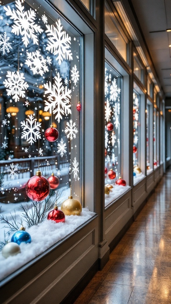 A festive window display featuring snowflakes and colorful Christmas ornaments.