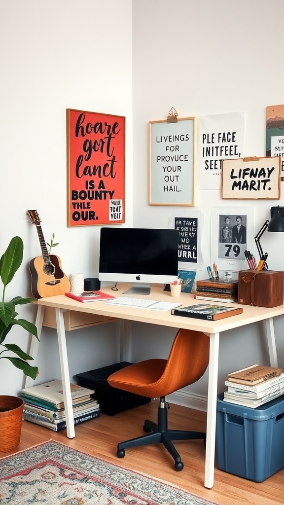 A cozy and creative workspace featuring a desk, computer, chair, wall art, and plants.