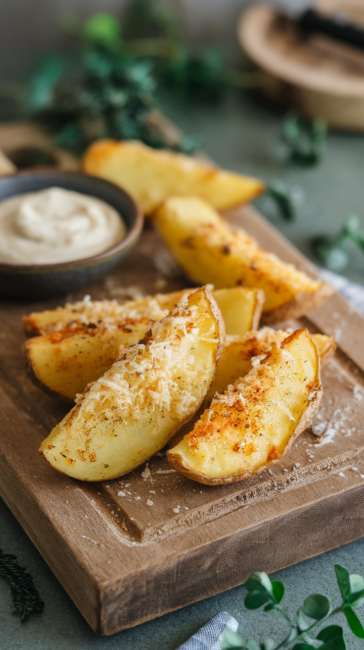 Crispy Parmesan Garlic Potato Wedges on a wooden board with a dipping sauce