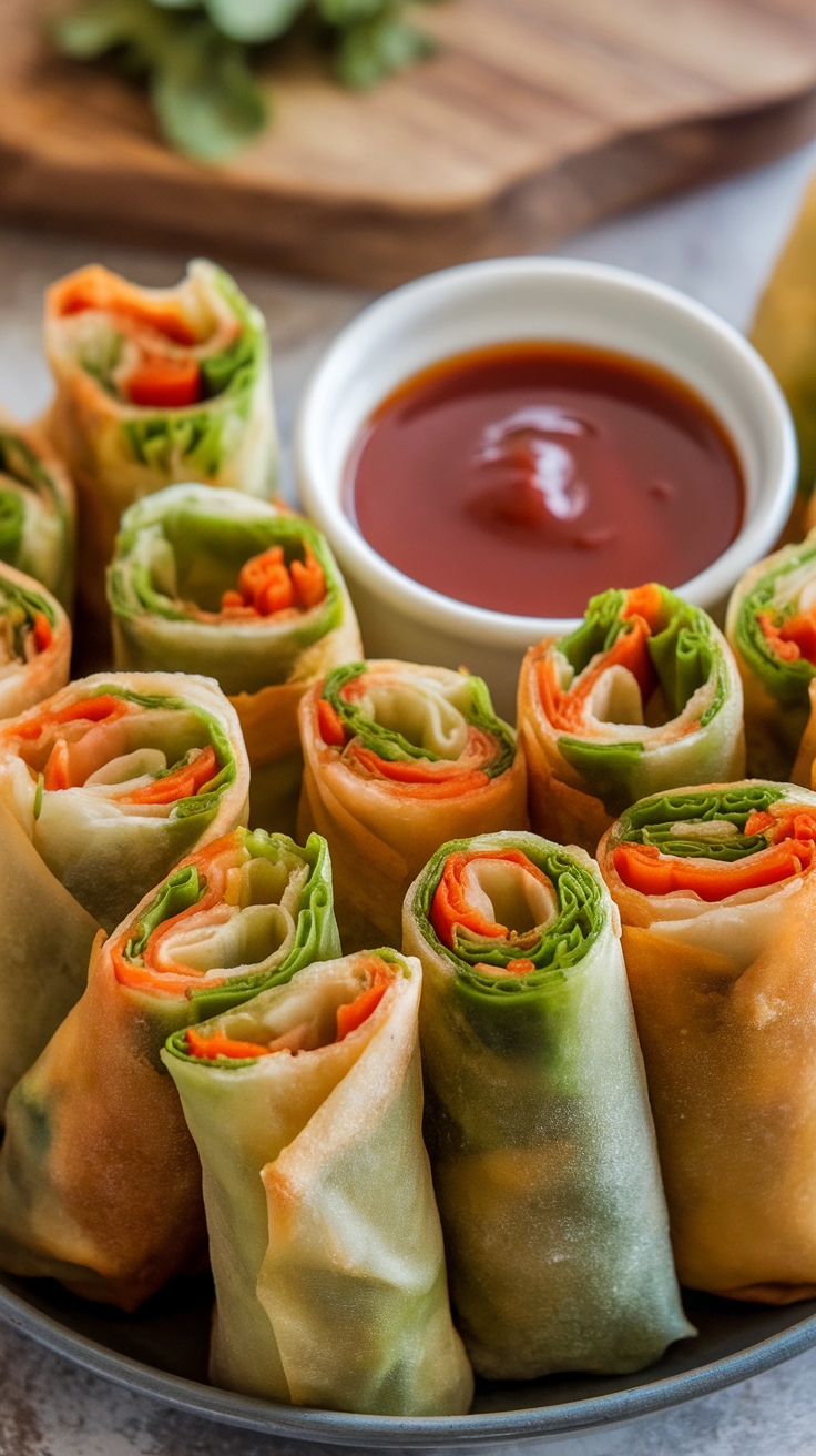 Plate of crispy vegetable spring rolls with colorful veggies and dipping sauce