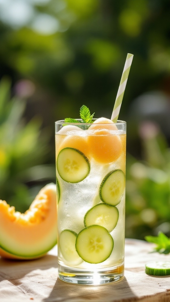 A refreshing Cucumber Melon Spritzer in a glass with cucumber slices and melon balls, garnished with mint.