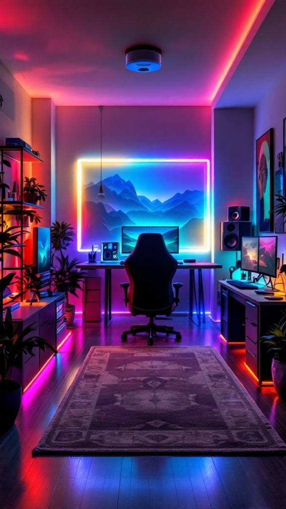 A colorful gaming room featuring customizable RGB furniture, glowing lights, and a modern setup.