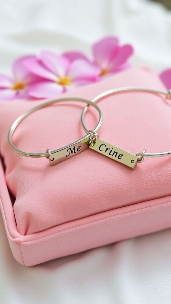 Customized couple jewelry featuring matching bracelets with names.