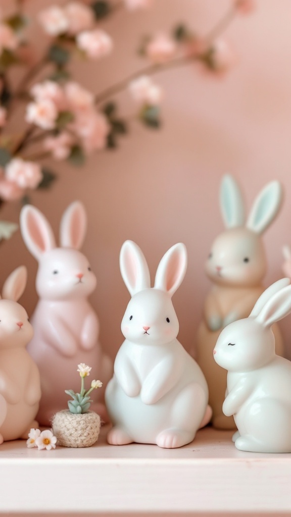 A group of cute pastel bunny figurines displayed with flowers.