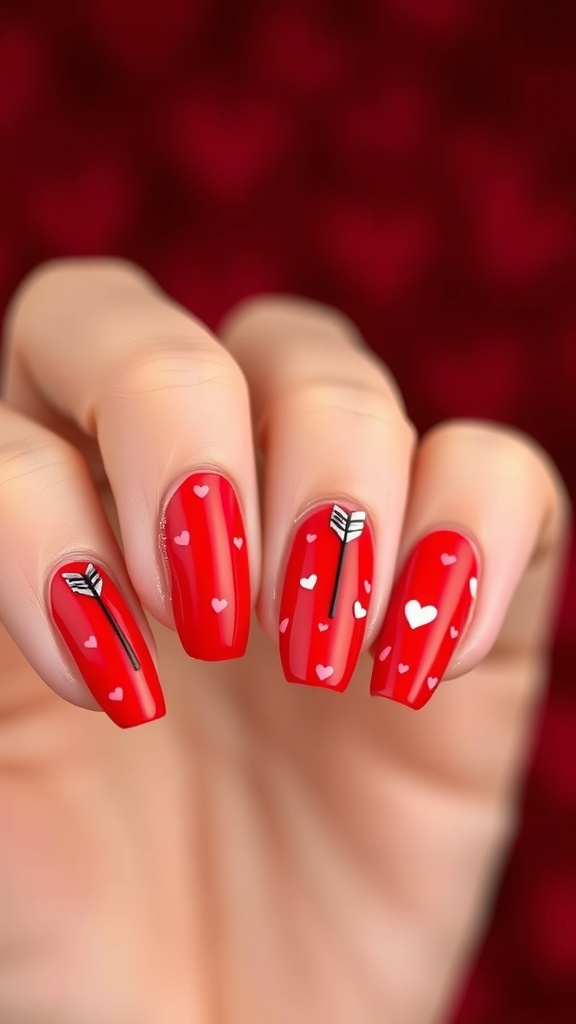 Nails painted red with hearts and Cupid's arrows design