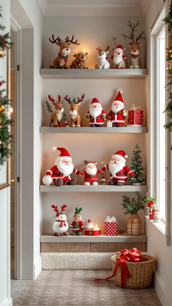 A display of cute holiday figurines including Santas and reindeer on shelves.