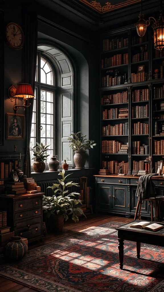 A cozy dark academia-inspired bedroom with bookshelves, warm lighting, and vintage decor.
