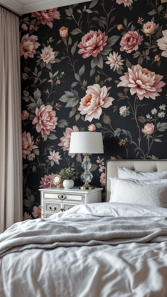 A bedroom featuring dark floral wallpaper with large pink flowers against a black background, white bedding, and a stylish bedside table.