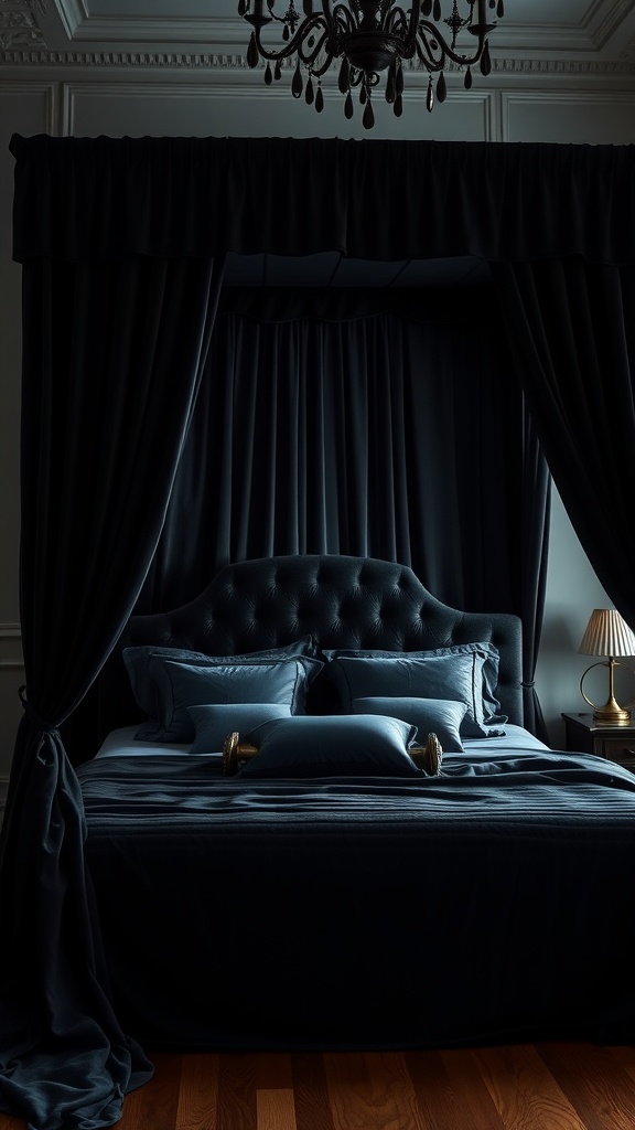 A dark velvet canopy bed with plush pillows and drapes.