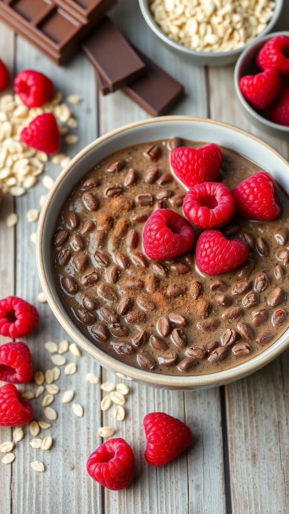 A bowl of chocolate raspberry overnight oats topped with fresh raspberries, surrounded by chocolate and oats.