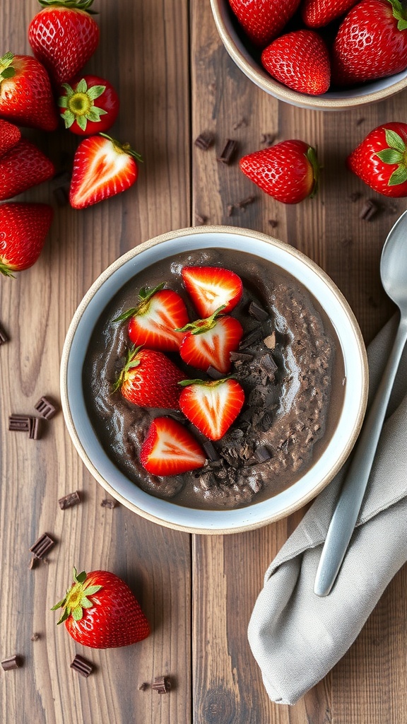 Bowl of chocolate strawberry overnight oats topped with fresh strawberries and chocolate chunks, surrounded by strawberries on a wooden table.