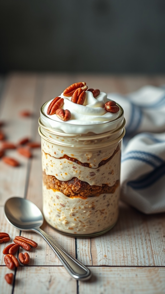 A jar of sweet potato pie overnight oats topped with whipped cream and pecans.