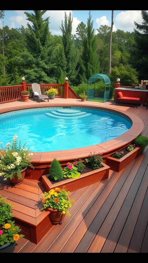 A beautifully designed deck surrounding an above-ground pool, featuring built-in planters with colorful flowers and greenery.