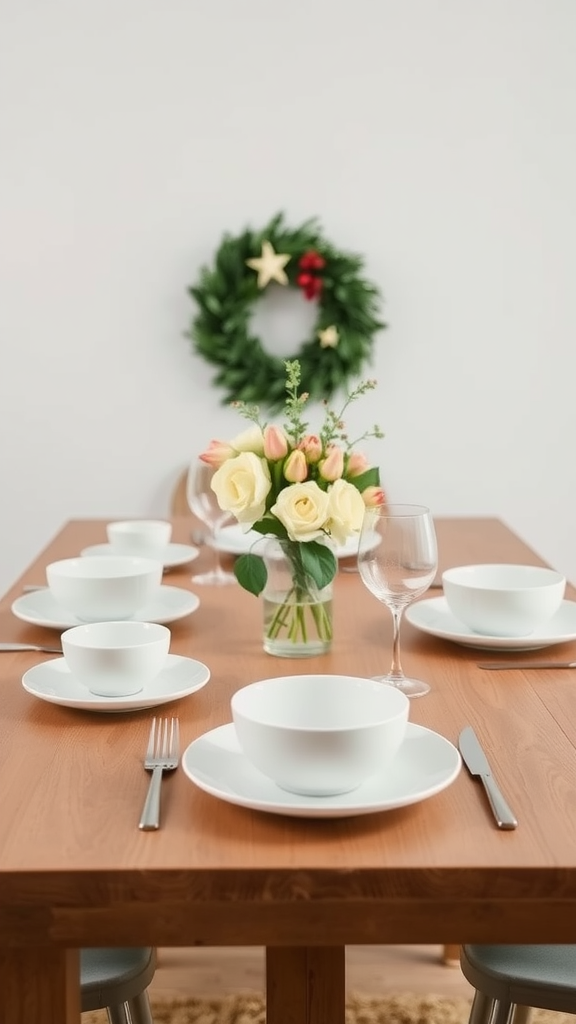 A minimalist Christmas table setting with white dishware and a floral centerpiece.