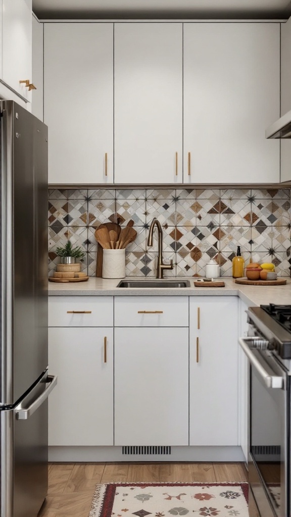 Modern kitchen with a decorative tile backsplash in earthy tones, white cabinets, and gold accents.
