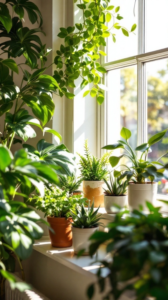 A collection of decorative indoor plants on a windowsill, showcasing various types in different pots, illuminated by sunlight.