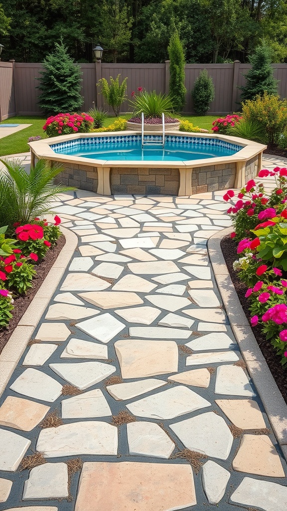 A decorative stone pathway lined with flowers leading to an above-ground pool.