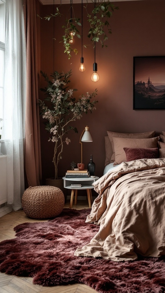 A cozy bedroom featuring a deep-hued burgundy area rug, warm lighting, and earthy decor.