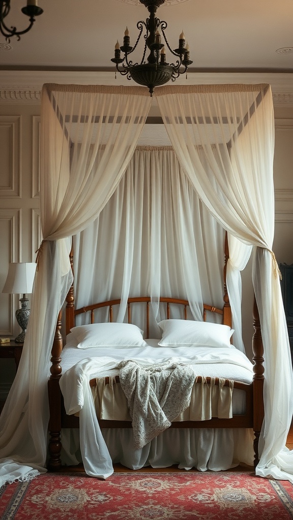 A delicate canopy bed with sheer curtains and soft bedding, surrounded by elegant decor.