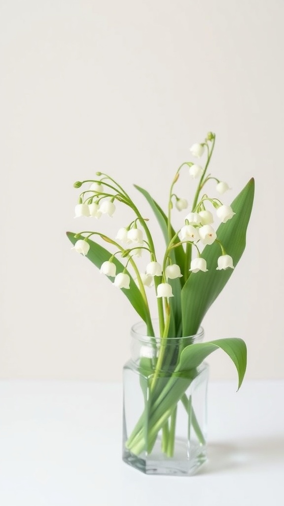 A delicate arrangement of Lily of the Valley flowers in a clear vase.