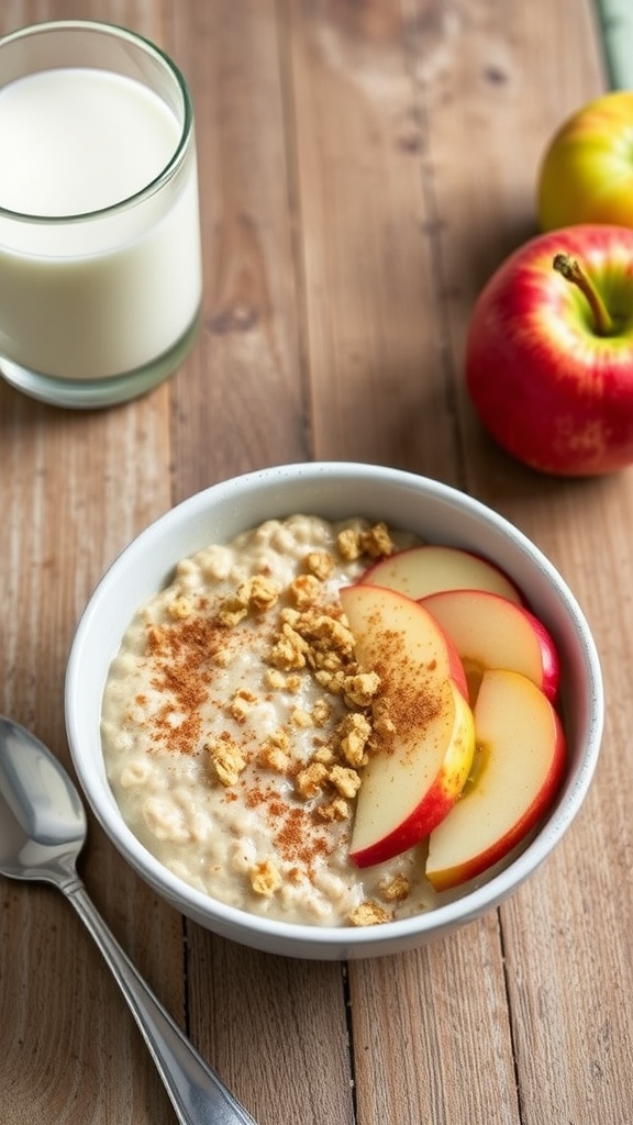 Delicious Apple Cinnamon Streusel Overnight Oats with apple slices and milk on a wooden table.