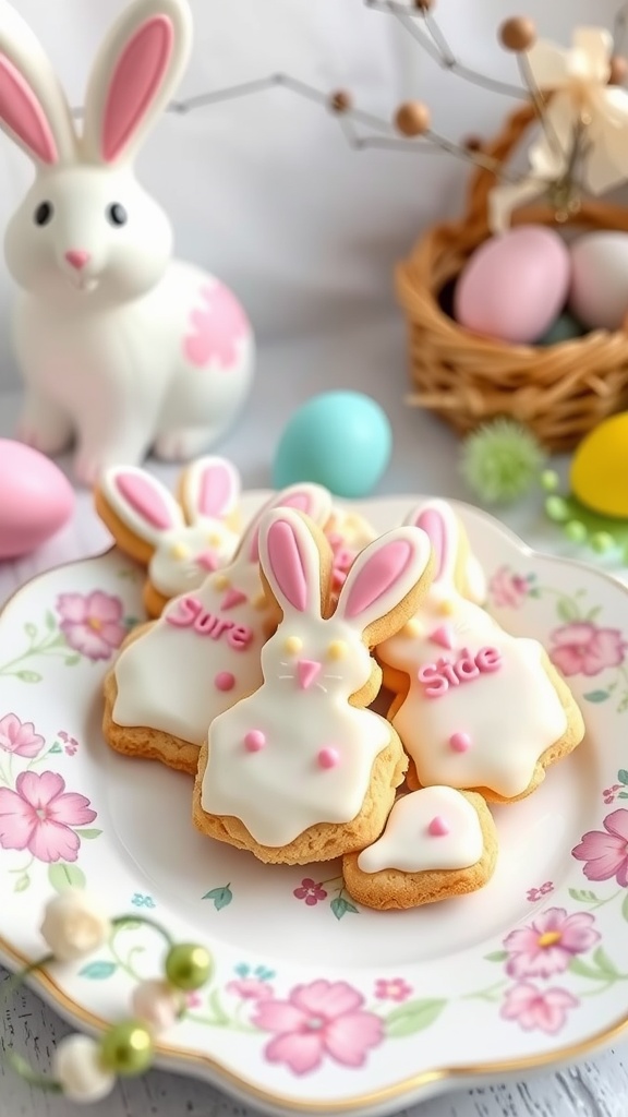 A plate of decorated bunny butt cookies with pastel icing and a ceramic bunny in the background.