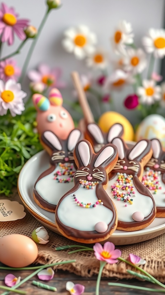 A plate of decorated chocolate dipped Easter bunny sugar cookies surrounded by flowers and colorful eggs.