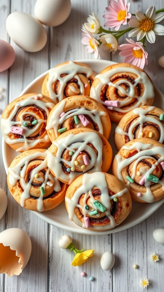Plate of cinnamon roll cookies decorated with icing and sprinkles, surrounded by Easter eggs and flowers.