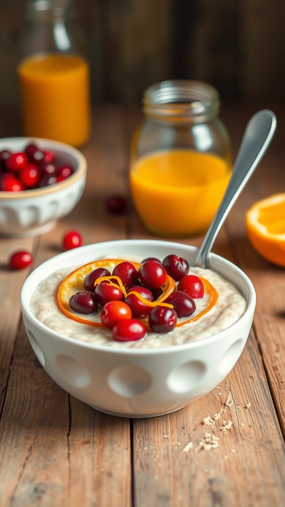 Bowl of cranberry orange overnight oats with fresh cranberries and orange slices, with jars of orange juice in the background.