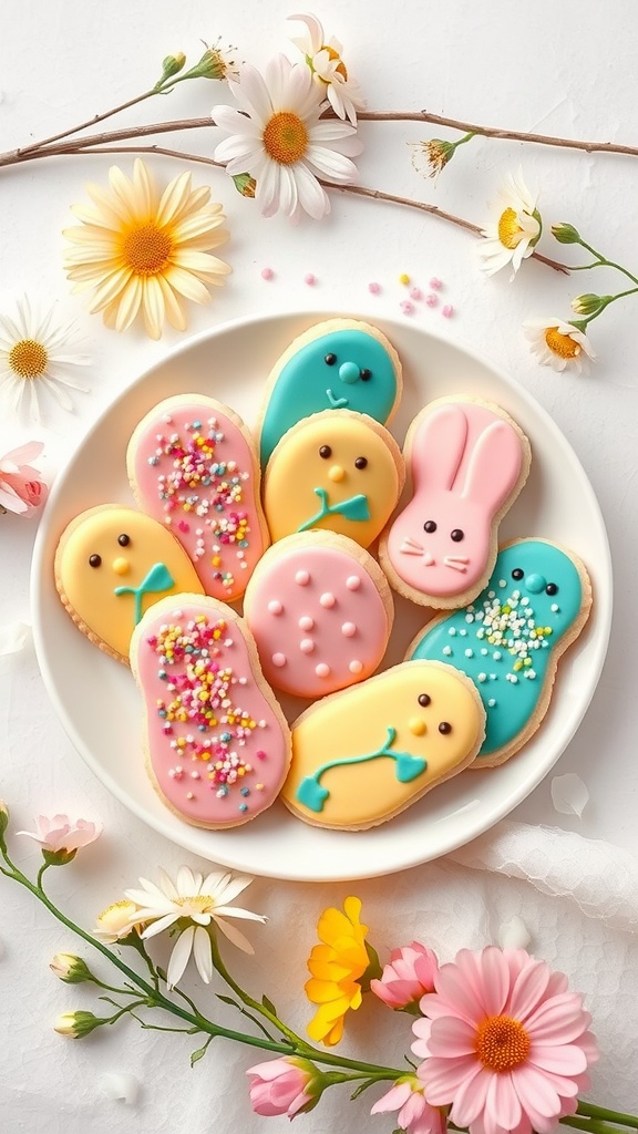 A plate of colorful, decorated Easter cookies surrounded by flowers